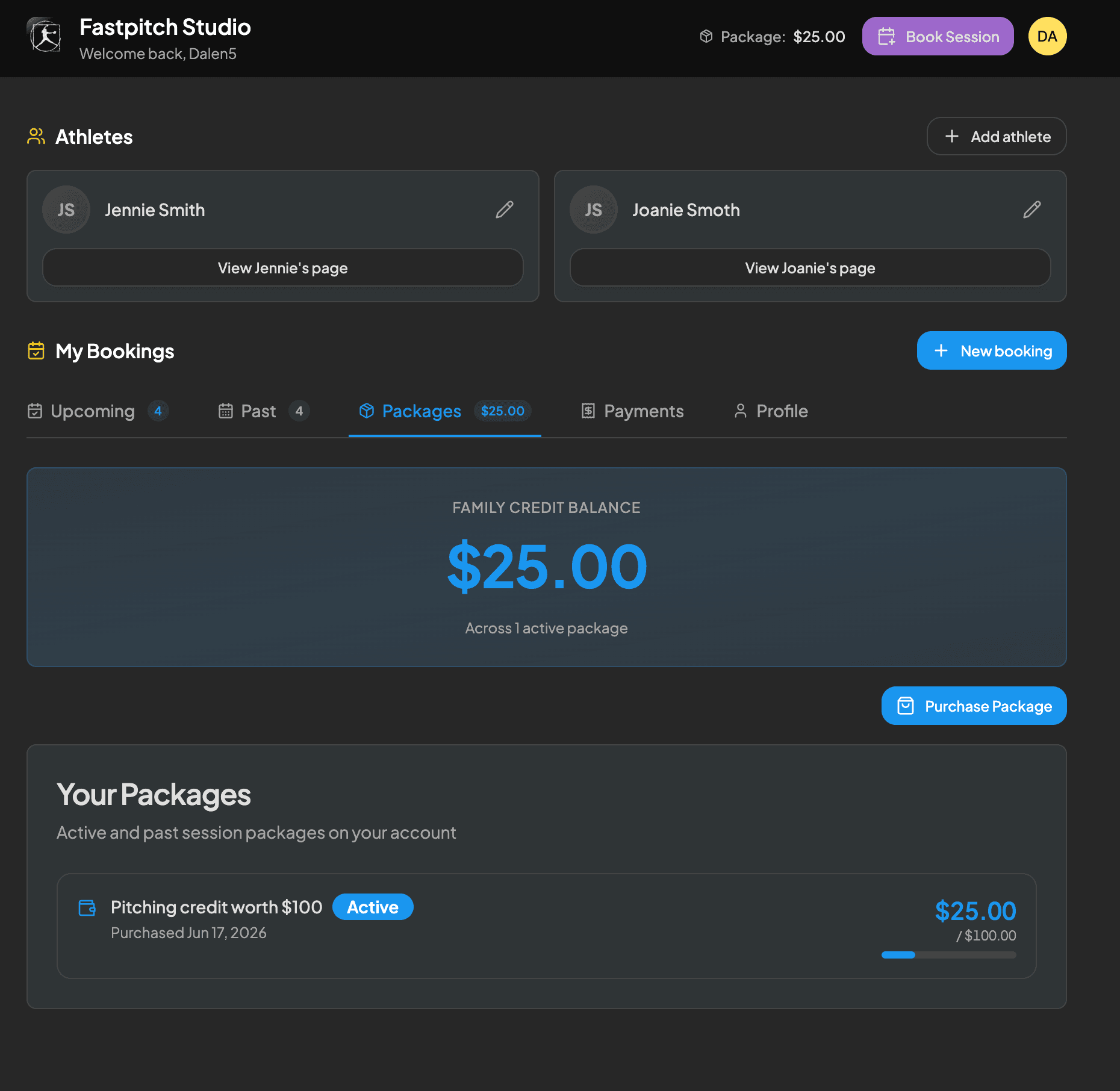 Client packages page showing session packages and shared family credit balances