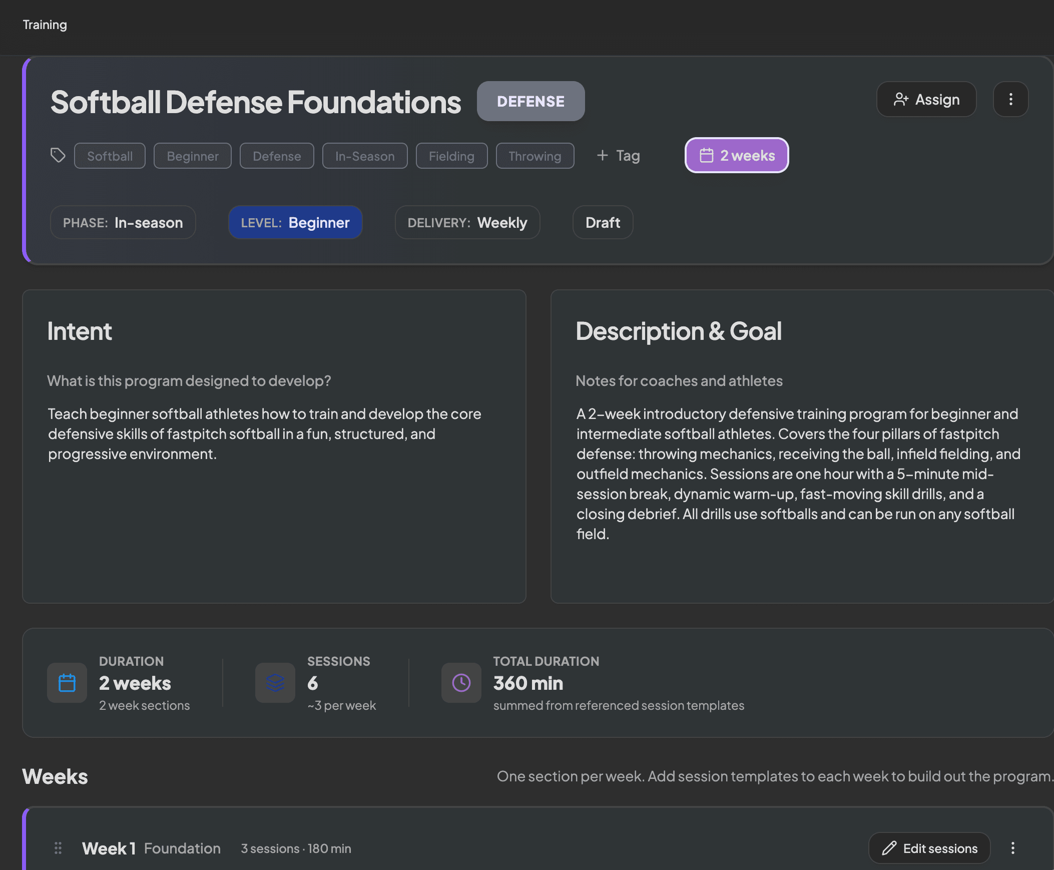 Program builder showing a multi-week training program with sessions and drills