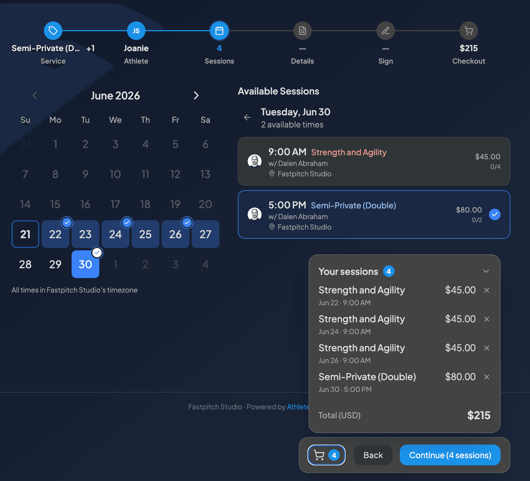 Client-facing scheduler showing available session times to book