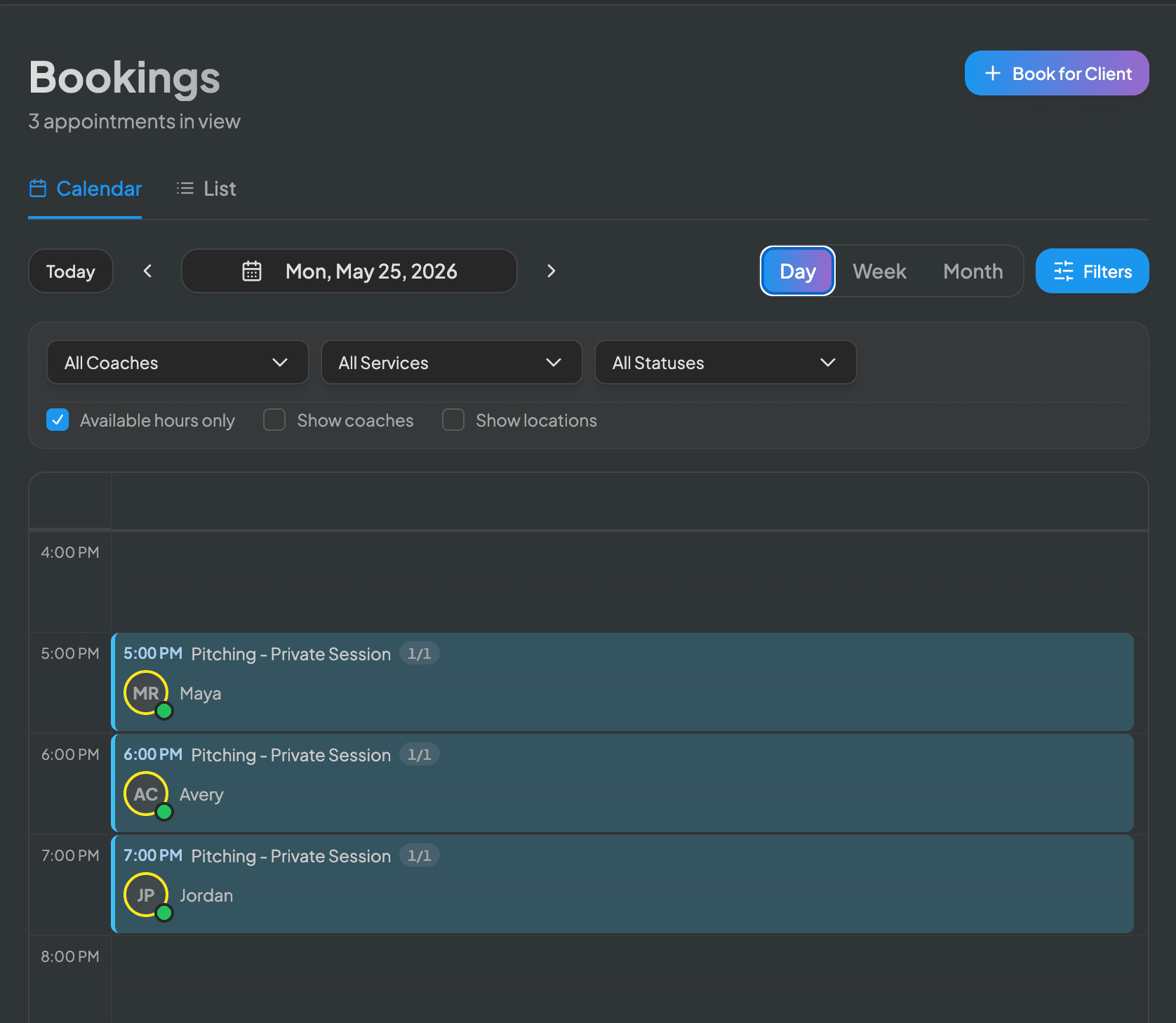 Bookings calendar view in dark mode showing three private pitching sessions